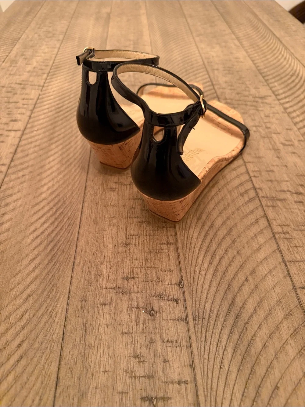 Stuart Weitzman Black Leather Ankle-Strap Cork Wedges
